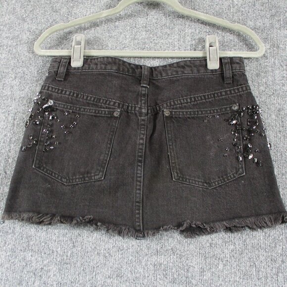 Free People Skirt Womens 0 Black Denim Beaded Gem Cut Off Short Mini Jean 28 - Picture 2 of 14
